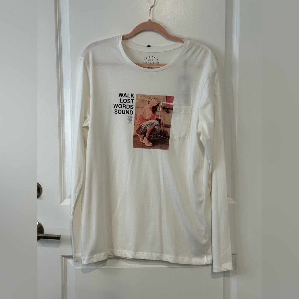 Jack & Jones Men's White Long Sleeve Crew Graphic Shirt Dance Pullover Medium